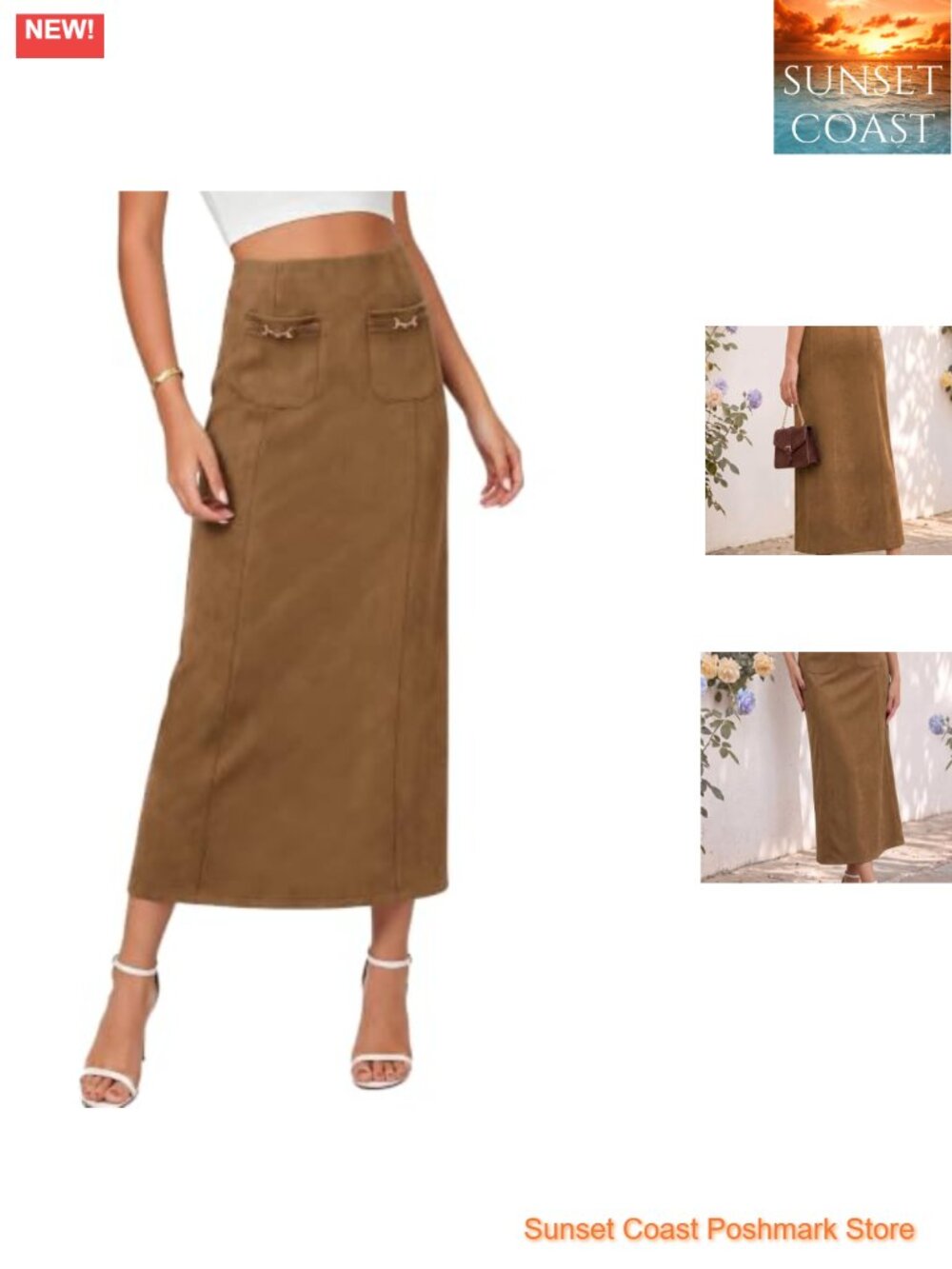 Faux Suede Midi Skirt High Waisted A-Line Pockets Casual Long Skirt